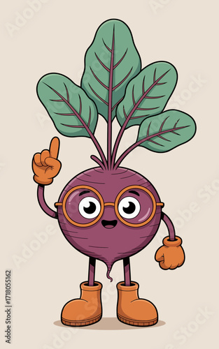 A cartoon illustration of a cute anthropomorphic beetroot character wearing round orange-framed glasses.