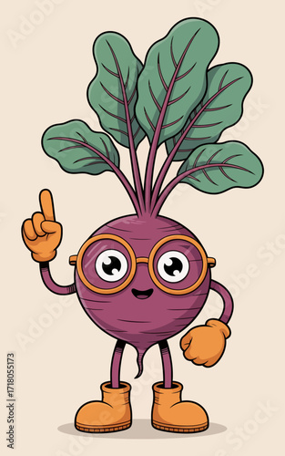 A cartoon illustration of a cute anthropomorphic beetroot character wearing round orange-framed glasses.