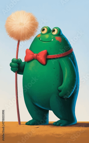 A digital image of a chubby green monster character standing upright on a brown clay surface on a light blue background.