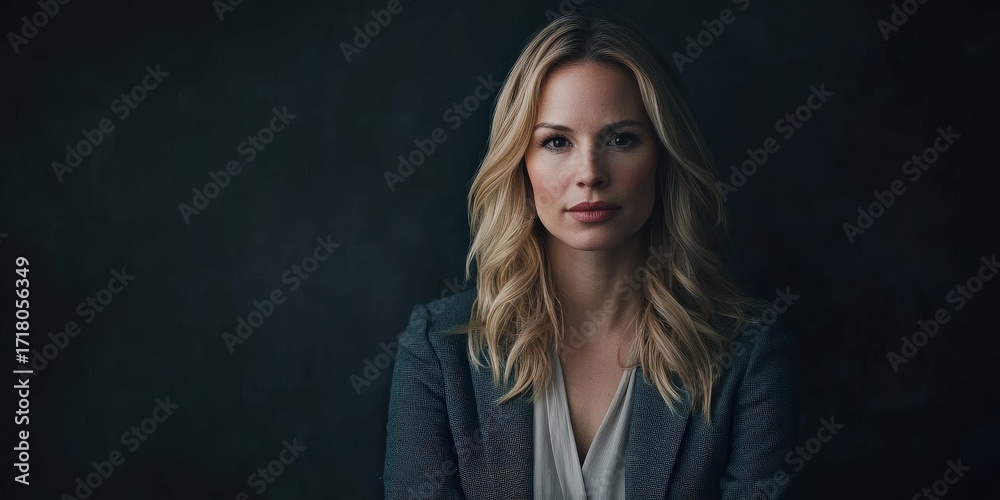 Fototapeta premium Confident Businesswoman in Professional Attire Against Dark Background