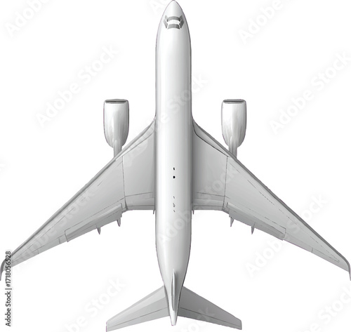 Top Down View of a Sleek White Jet Airplane with Two Engines Mounted on Wings and a Tail Fin Isolated on a White Background