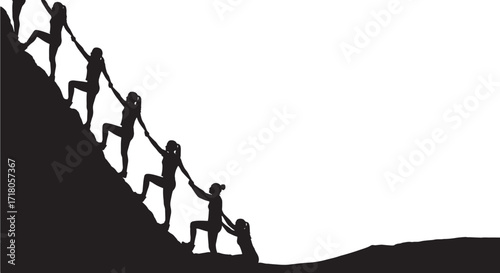 Silhouette illustration of a group of people climbing a mountain, representing teamwork, cooperation, and support for success. m