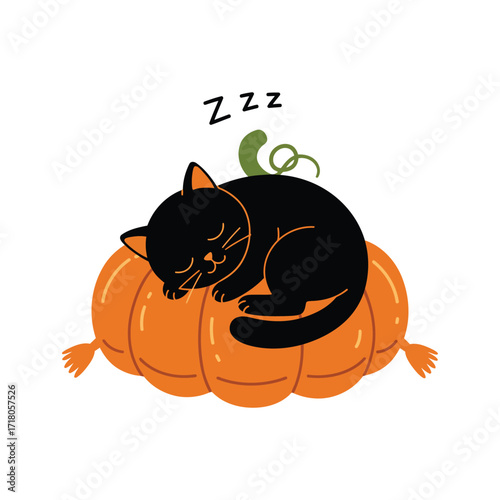 Black cat sleeping peacefully on an orange pumpkin.
