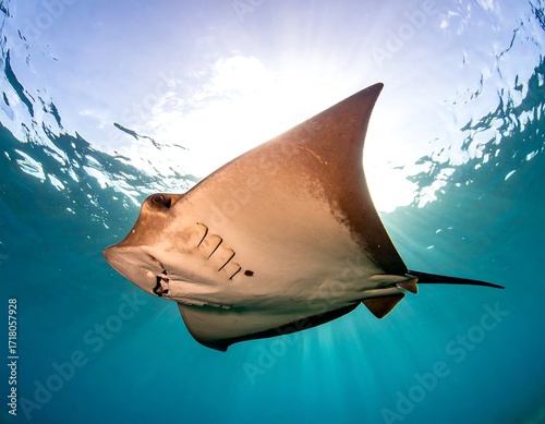 Stingray underwater, sunbeams