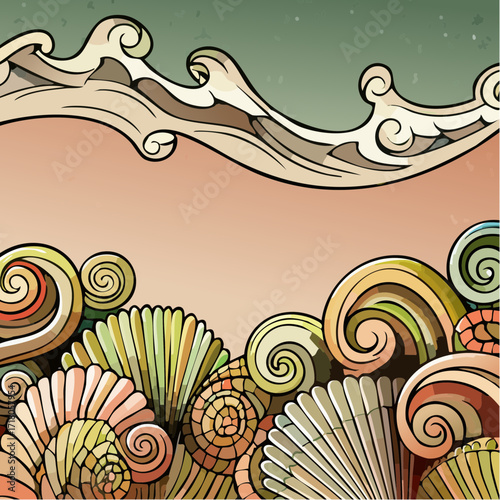 serene seashell pattern in sandy sponge wash with teal accents