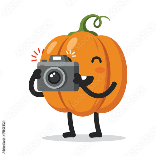 A cute cartoon pumpkin character holds a camera and smiles happily.