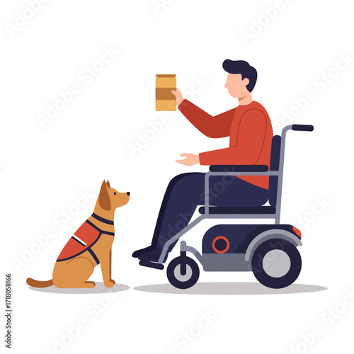 A person in a wheelchair is training a service dog, holding a treat for the dog.