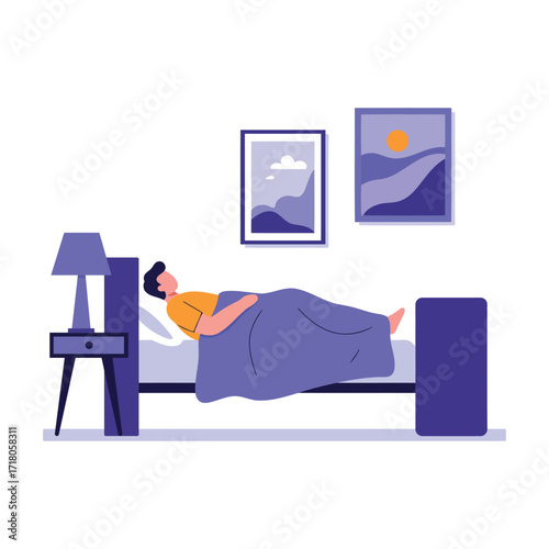 A person is sleeping peacefully in a bed next to a nightstand with a lamp.