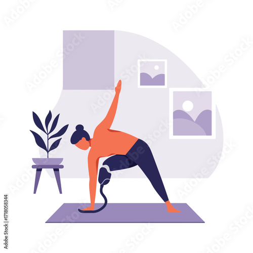 Illustration of a person with a prosthetic leg practicing yoga in a home setting, performing a triangle pose on a mat.