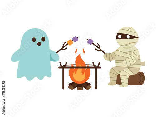 A ghost and a mummy roasting marshmallows over a campfire.