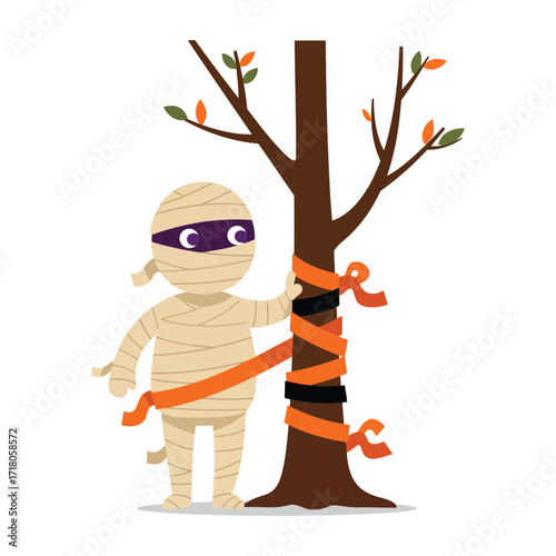 Cartoon mummy wrapping a tree with orange and black ribbons for Halloween.