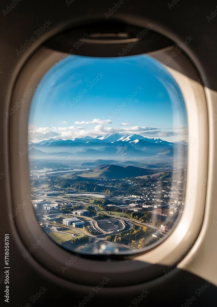 Obraz premium Aerial view of cityscape through airplane window on a clear day.