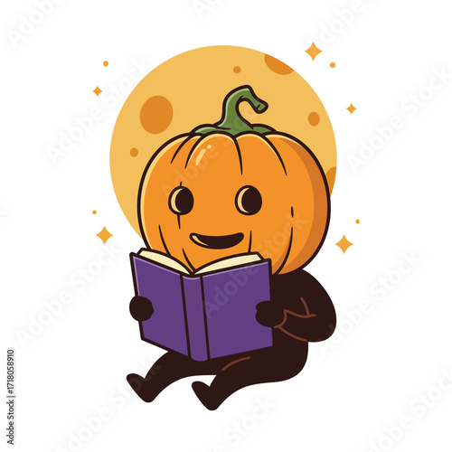 A cute cartoon pumpkin-headed character sitting and happily reading a purple book under a full moon with sparkling stars.
