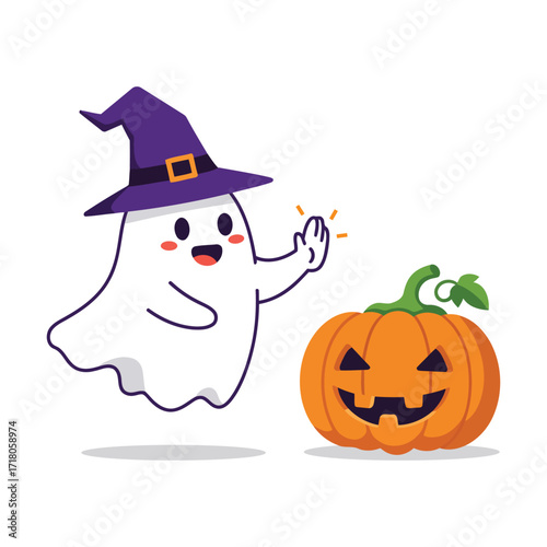 A cute cartoon ghost in a witch hat gives a high-five to a smiling jack-o'-lantern pumpkin for Halloween.