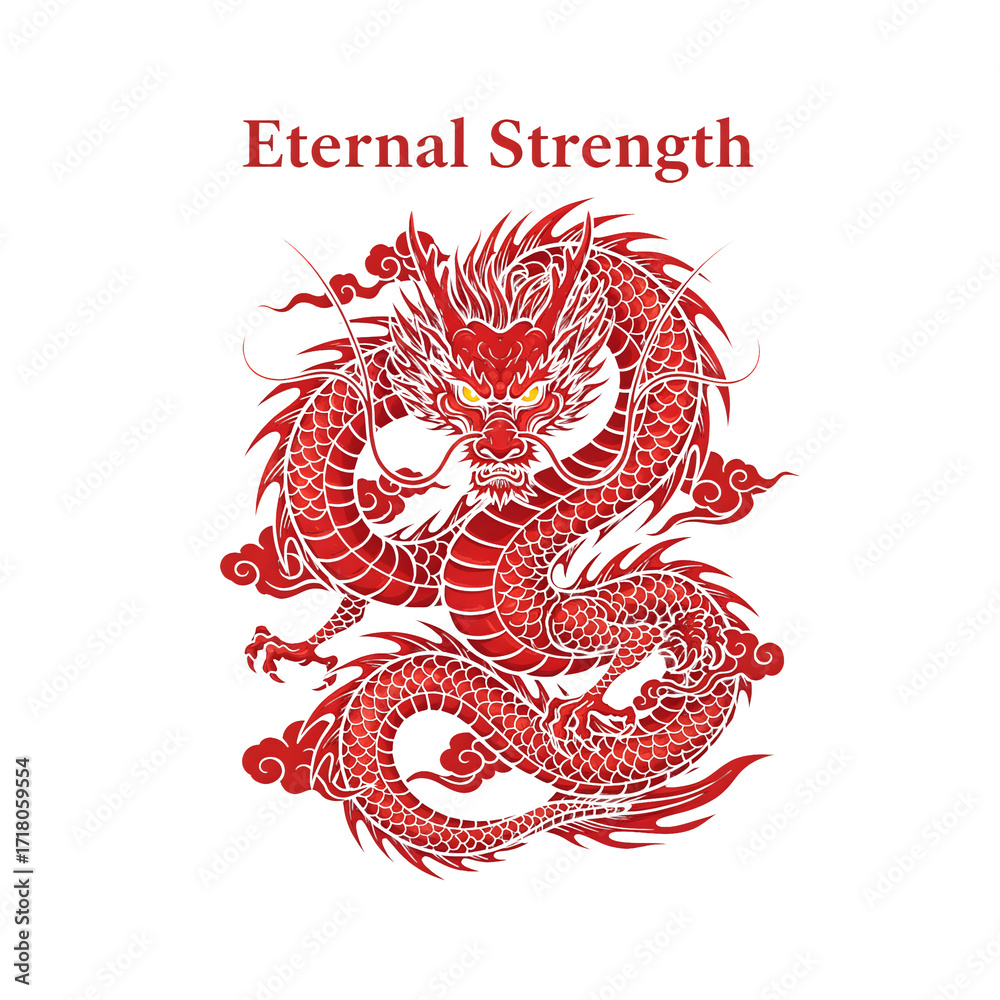 Fototapeta premium Red dragon with a phrase Eternal Strength