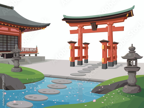 Japanese Garden with Torii Gate Pagoda and Peaceful Water Featuring Cherry Blossoms for Tranquility and Zen Meditation
