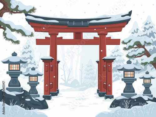 Serene Winter Landscape Featuring a Traditional Japanese Torii Gate and Stone Lanterns in a Snowy Forest