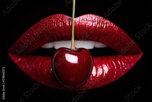 Red Lipstick Lips Holding Cherry Close Up on Black Background
