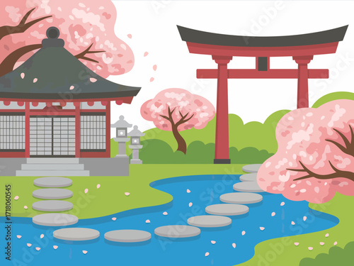 Serene Japanese Garden Scene with Cherry Blossoms Temple and Torii Gate Illustration Peaceful Asian Landscape