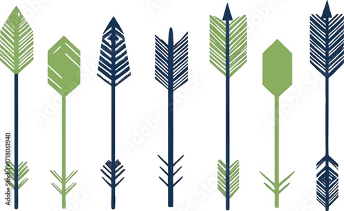 Set of Seven Stylized Arrows in Green and Navy Blue with White Background collection graphic