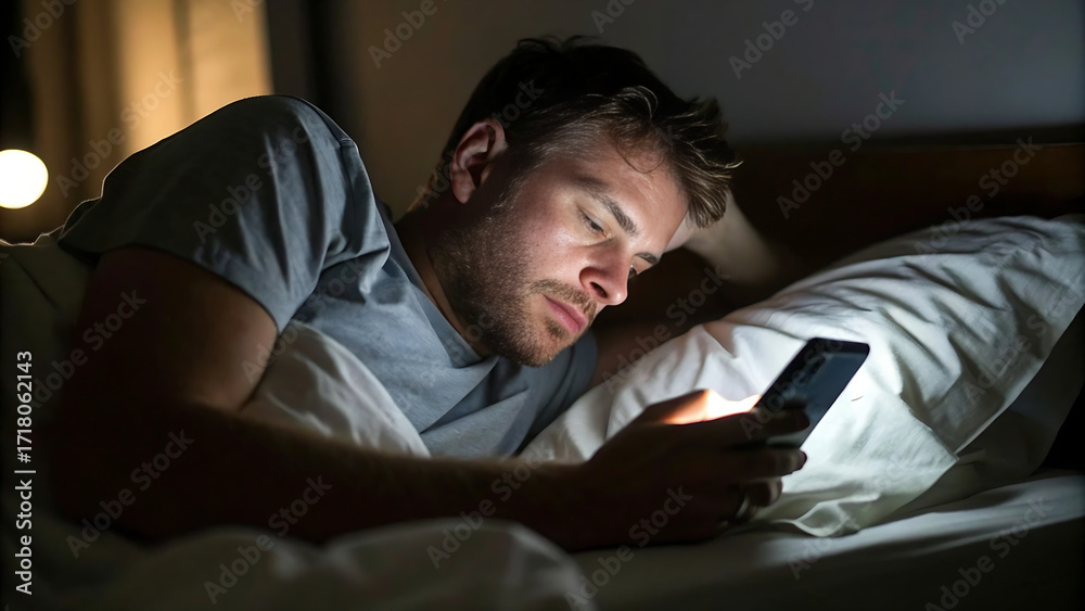 Fototapeta premium Müdes Doomscrolling im Bett bei Nacht Smartphone-Bildschirmlicht