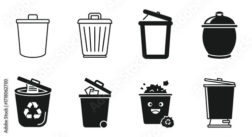 Vector art of collection of various trash can icons in black and white, representing waste management and recycling