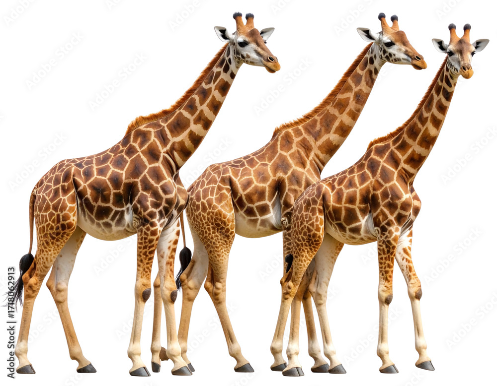 Obraz premium Set of Three Giraffes Standing Tall with Necks Extended, Transparent PNG