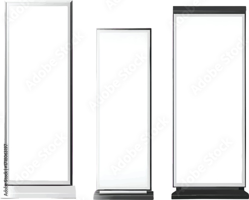 Three Vertical Digital Signage Displays with Blank White Screens and Frames vector illustration