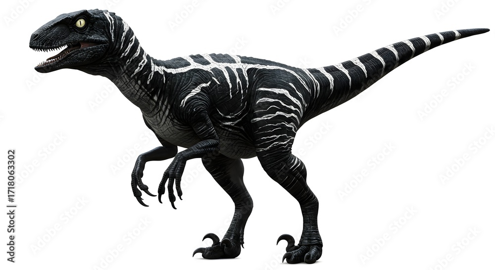 Fototapeta premium A black and white striped velociraptor standing on a white background in a studio setting, isolated