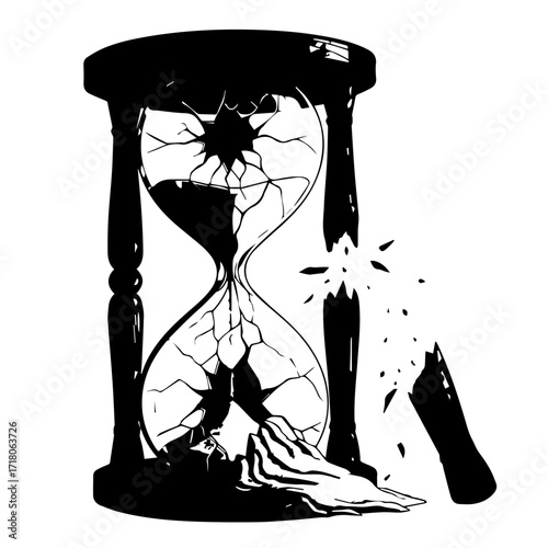 Shattered Hourglass Depicting Broken Time and Mortality Concept in Black and White.