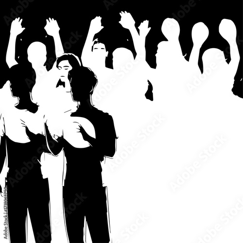 Silhouetted Crowd of People with Raised Hands, Black and White