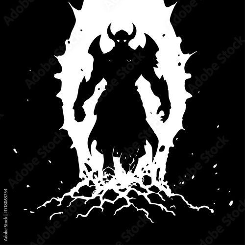 Silhouette of a Powerful Demon Warrior with Horns and Armor