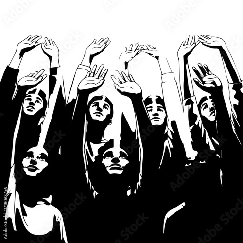 Silhouetted Group of People with Raised Arms, Looking Upward.