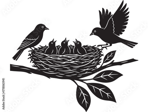 Birds feeding chicks in a nest on a branch vector illustration in black and white representing family and nature