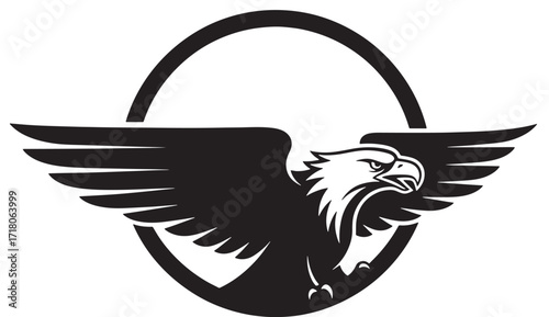 Eagle logo design vector illustration of a bird with outstretched wings inside a circle isolated on white background