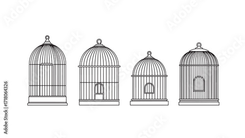 Set of outline birdcage illustrations simple line art vector design isolated on white background for graphic elements