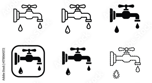 Vector art of collection of faucet icons showing different styles of water taps with dripping water drops in vector format