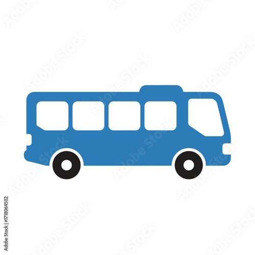 A simple blue bus icon with black wheels and windows, representing public transportation.