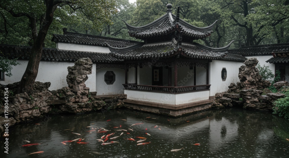 Fototapeta premium Traditional chinese garden pavilion with pond and fish