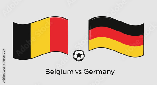 A dynamic football clash unfolds between the flags of Belgium and Germany with an iconic ball, igniting fan passion and national pride for the ultimate victory.