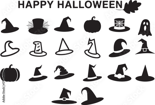 Happy Halloween silhouette icon set vector art and illustration.