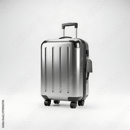 Modern silver wheeled suitcase with retractable handle isolated on a clean white studio background