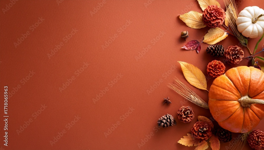 Naklejka premium Creative Autumn Flat Lay Composition With Dry Leaves Flowers And Decorative Pumpkin On Dark Terracotta Background With Copy Space For Your Design