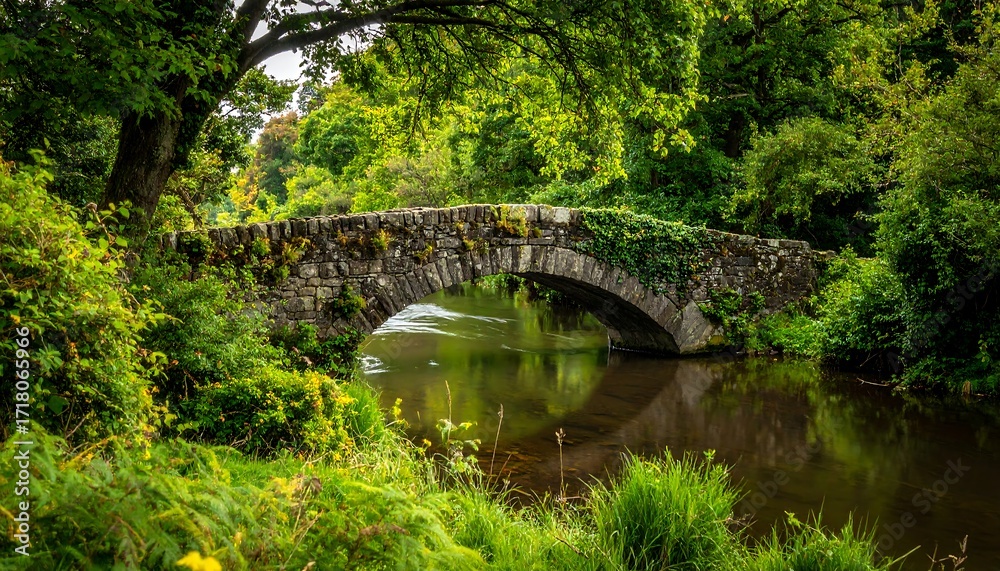 Fototapeta premium Stone bridge through lush green forest