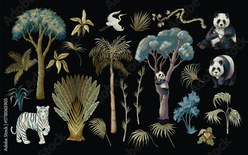 Detailed Isolated Panda Trio Surrounded by Tropical Jungle Foliage Plants Vector Illustration