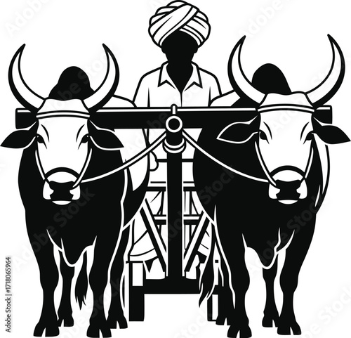 Minimalist vector illustration of a traditional rural farming scene featuring a farmer with oxen in agricultural field