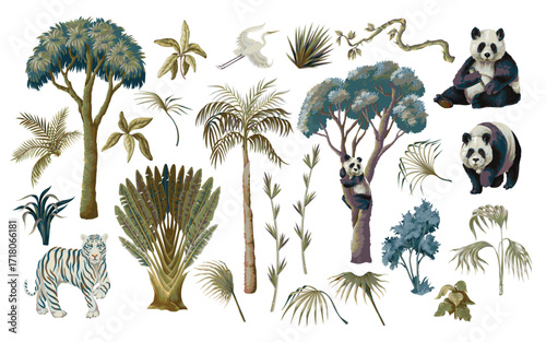 Detailed Isolated Panda Trio Surrounded by Tropical Jungle Foliage Plants Vector Illustration