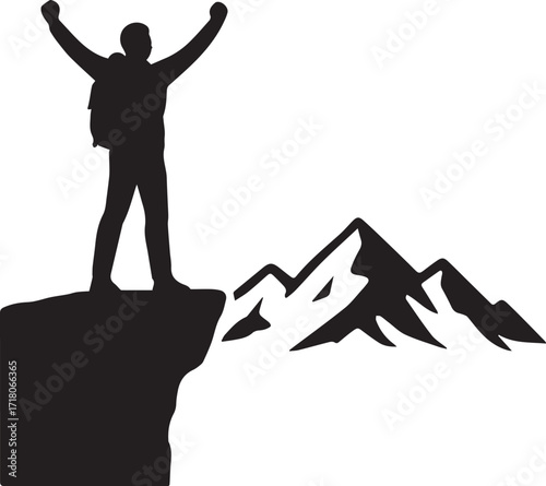 Silhouette of a hiker with arms raised in triumph on a cliff edge, with mountains in the background, isolated on transparent background