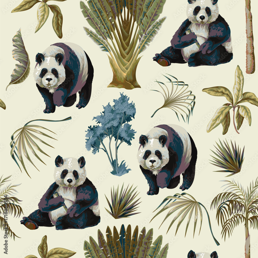 Obraz premium Seamless Jungle Panda Pattern Featuring Tropical Foliage and Exotic Wildlife Illustration Art