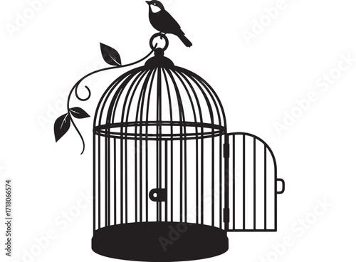 Birdcage with bird and vine Open door Black and white illustration Vector graphic design Isolated on white background